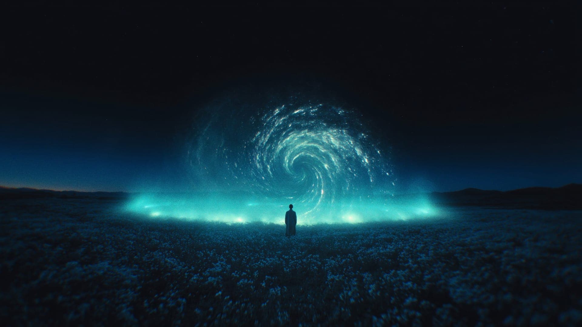 A lone figure in a field of pale flowers facing a swirling galaxy of cyan light