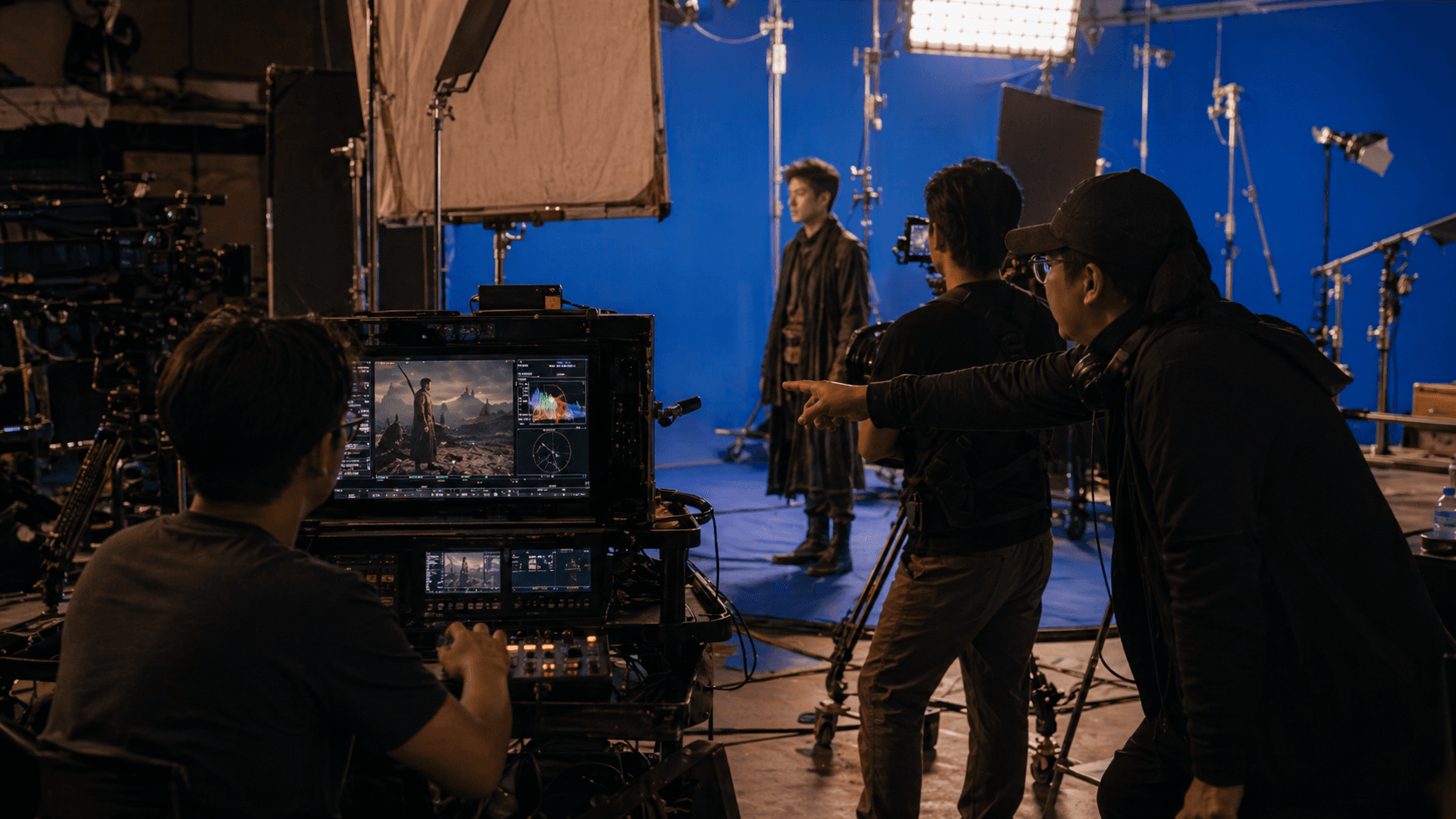 Behind-the-scenes chroma shoot with on-set VFX team
